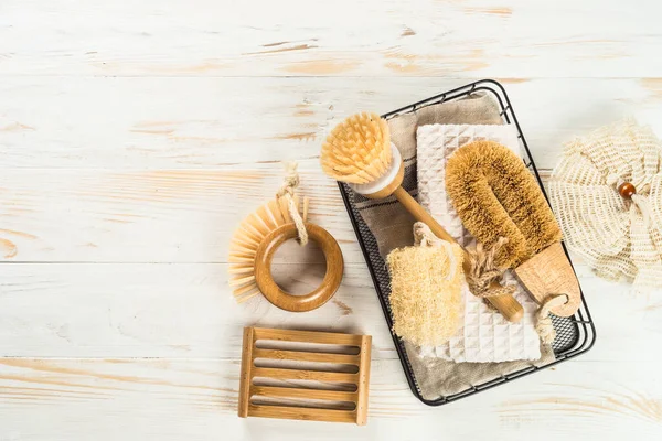 Zero Waste Cleaning Utensils Kitchen White Wooden Table Natural Brushes — Foto de Stock