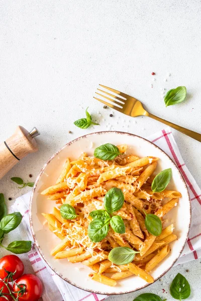 白いテーブルの上にトマトソース、バジル、パルメザンチーズとイタリアのパスタ. — ストック写真