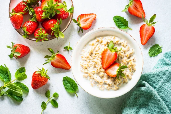 Oatmeal Porridge Strawberry White Background Healthy Breakfast Top View — 스톡 사진