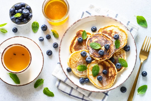 Pancakes Fresh Blueberries Honey White Table Healthy Breakfast Dessert Top — Stock Photo, Image