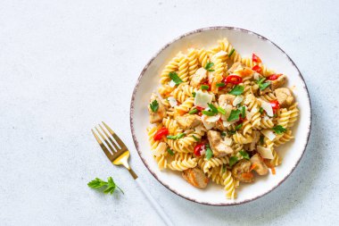 Hindi, tavuk, sebze ve parmesanlı makarna. Kopyalama alanı olan üst görünüm.