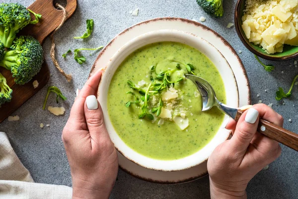 Grüne Suppe Brokkoli Sahnesuppe Mit Sahne Und Parmesan Gesundes Veganes — Stockfoto