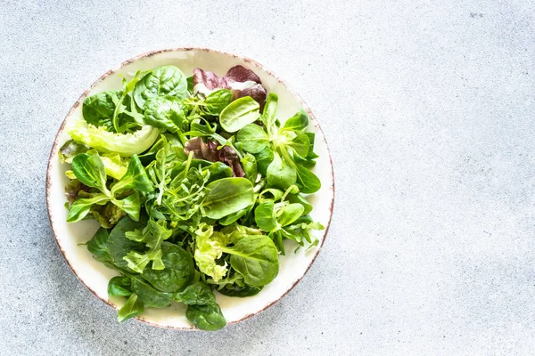 Green Salad Leaves White Plate Light Background Top View Image — Stockfoto