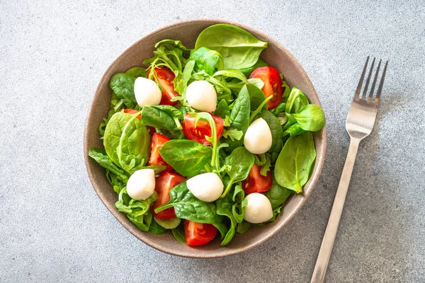 Taze yapraklı, domatesli ve mozarellalı sağlıklı yaz salatası. Üst görünüm.