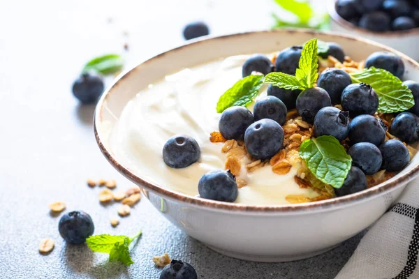 Greek Yogurt Granola Fresh Bluebery Light Stone Table Close Image — Stock Photo, Image