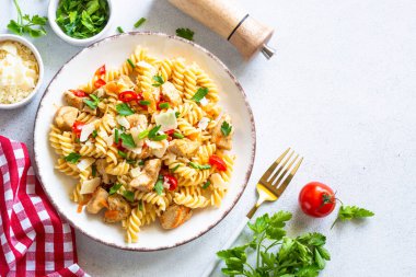 Hindi, tavuk, sebze ve parmesanlı makarna. Kopyalama alanı olan üst görünüm.