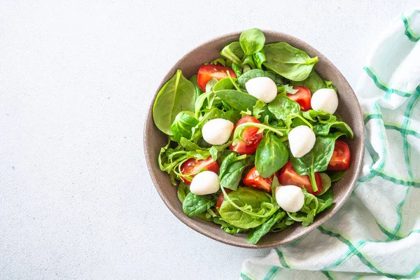Green Salad Fresh Leaves Tomatoes Mozzarella Top View Copy Space — Stock fotografie