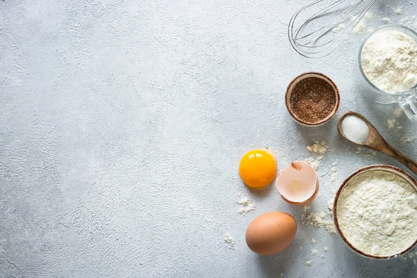 Baking Background Ingredients Flour Sugar Eggs Others Light Stone Table — Stock Photo, Image