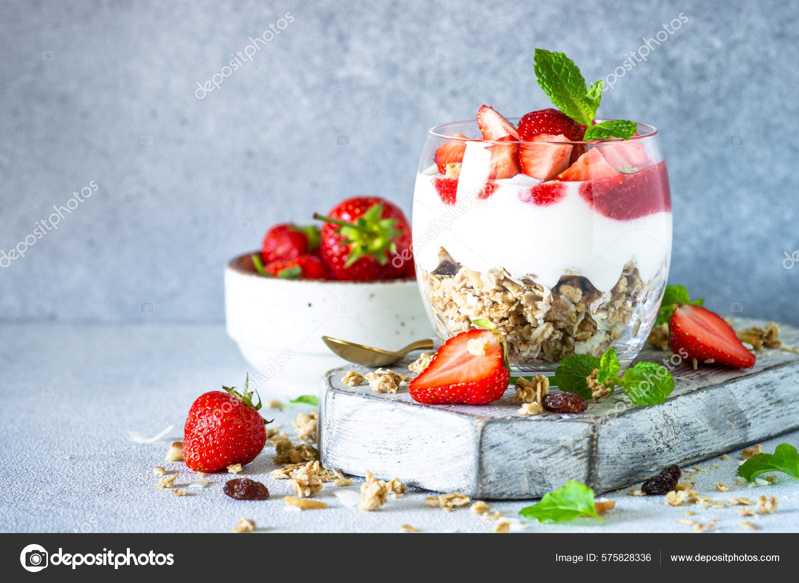 Parfait Cream Yogurt Jam Fresh Strawberries Glass Jar Close Stock Photo