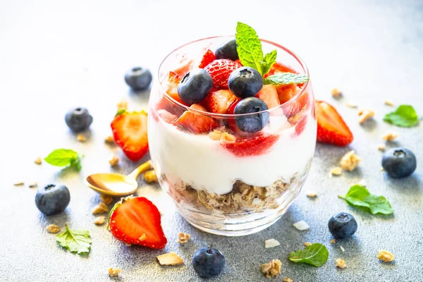 Parfait Cream Yogurt Jam Fresh Berries Glass Jar — Stock Photo, Image