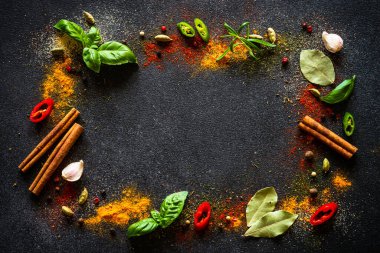 Siyah arka planda baharatlar ve bitkiler. Biber, turmelik, dereotu, tarçın, fesleğen, biberiye, soğuk kakule. Kopyalama alanı olan üst görünüm.