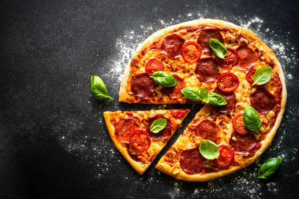 Pizza Black Background Traditional Italian Pizza Salami Cheese Tomatoes Basil — стокове фото