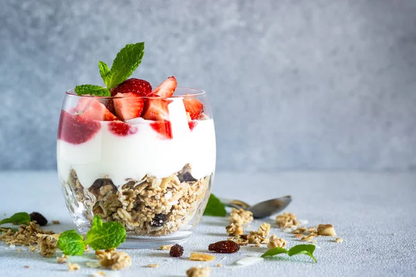 Parfait Cream Yogurt Jam Fresh Strawberries Glass Jar Close — Stock Photo, Image