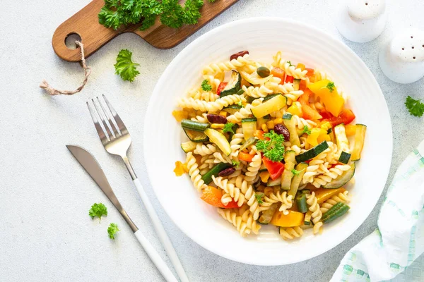 Vegan Pasta Vegetables Healthy Vegetarian Dish Top View White — ストック写真