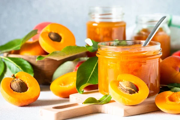 Apricot Jam Glass Jar Homemade Preservation White Kitchen Table — Foto de Stock