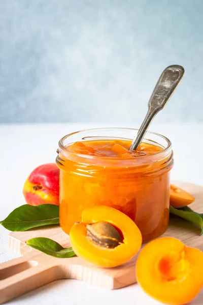 Apricot Jam Glass Jar Homemade Preservation White Kitchen Table — Foto de Stock