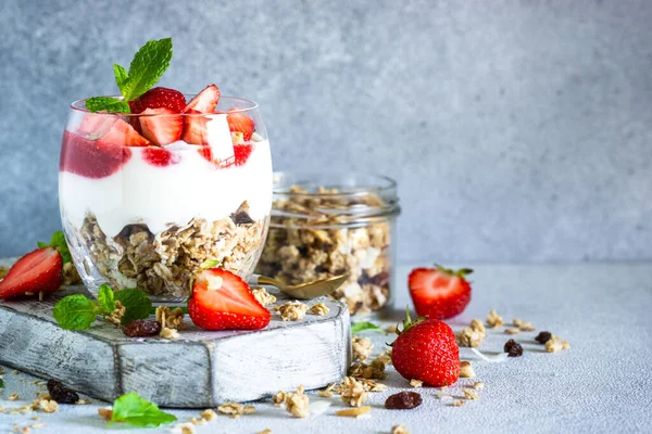 Parfait Cream Yogurt Jam Fresh Strawberries Glass Jar Close — Stock Photo, Image