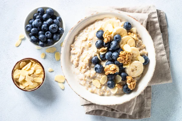 Oatmeal Porrige Craft Bowl White Background Top View — Foto Stock