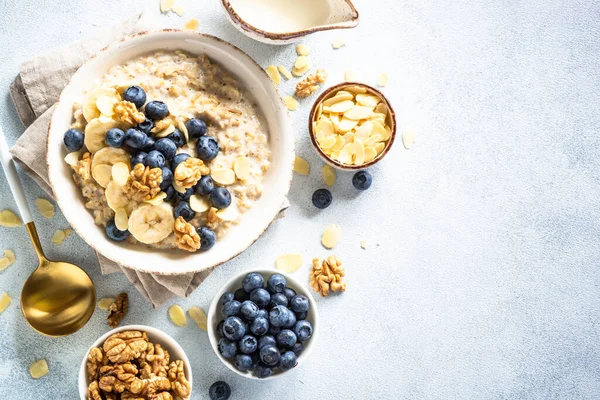 Oatmeal Porrige Craft Bowl White Background Top View — Foto Stock