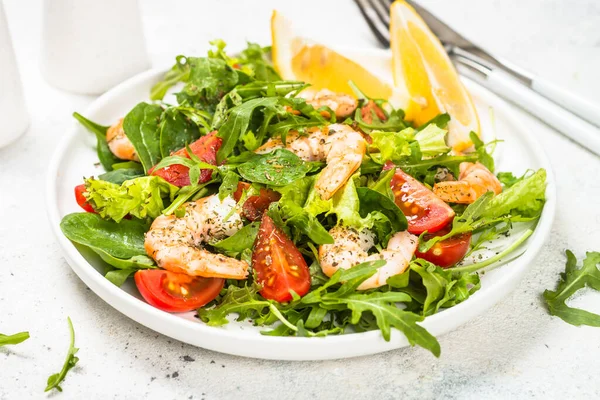 Shrimp Salad Vegetables Leaves White Table — Stock Photo, Image
