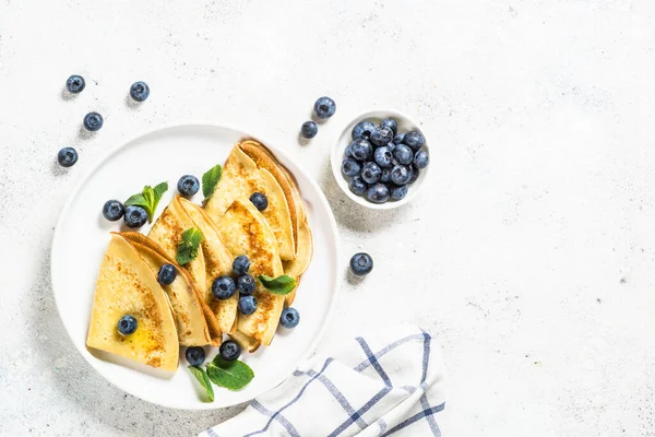 Crepes Blueberries White Stone Table Top View Copy Space —  Fotos de Stock