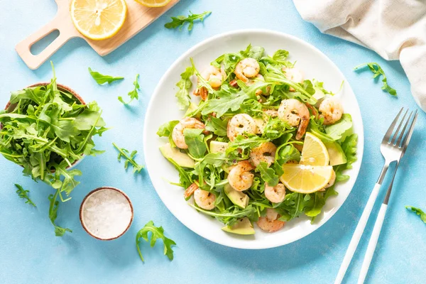 Shrimp Salad Arugula Avocado Blue Table Top View Space Text — Stock Photo, Image