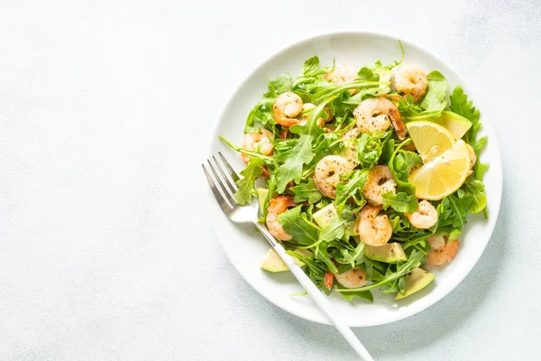 Shrimp Salad Arugula Avocado White Top View Space Text — Stock Photo, Image