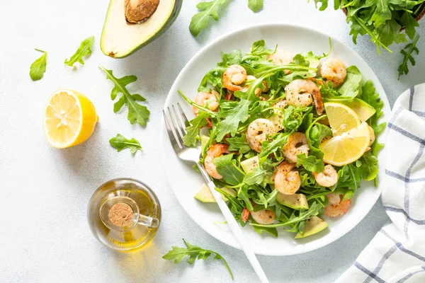 Shrimp Salad Green Leaves Avocado White Top View Space Text — Stock Photo, Image