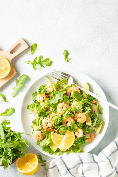 Shrimp Salad Arugula Avocado White Top View Space Text — Stockfoto