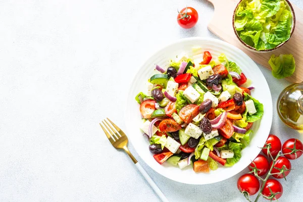 Greek Salad Vegetable Salad Tomato Cucumber Feta Cheese Olive Oil — Stock Photo, Image