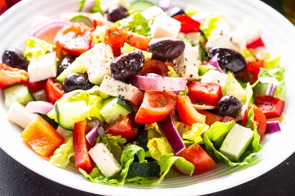 Greek Salad Vegetable Salad Tomato Cucumber Feta Cheese Olive Oil — Fotografia de Stock