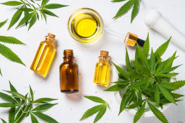 CBD yağı. Cam şişelerde kenevir yağı ve beyaz masada kenevir yaprağı. Kopyalama alanı olan üst görünüm.