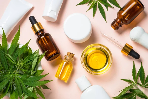 Ätherisches Cannabisöl Sahne Seife Und Frische Grüne Blätter Vor Rosa — Stockfoto