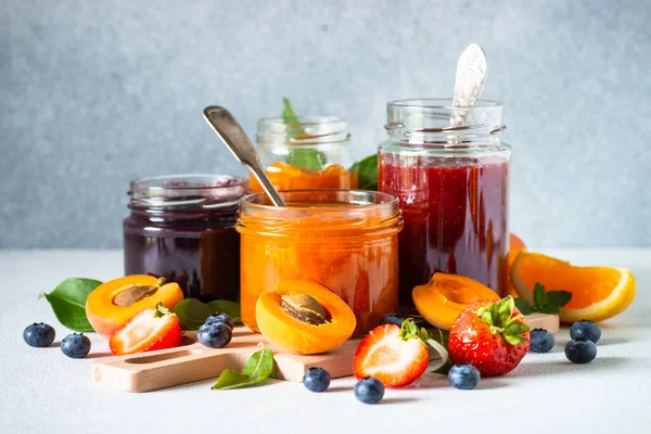 Homemade Jams Natural Preservation Glass Jars Ingredients Fresh Fruits Berries — Fotografie, imagine de stoc