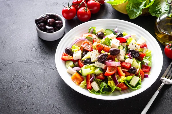 Greek Salad Vegetable Salad Tomato Cucumber Feta Cheese Olive Oil — Stock Fotó