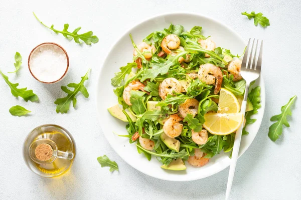 Shrimp Salad Green Leaves Avocado White Top View Space Text — Stock Photo, Image