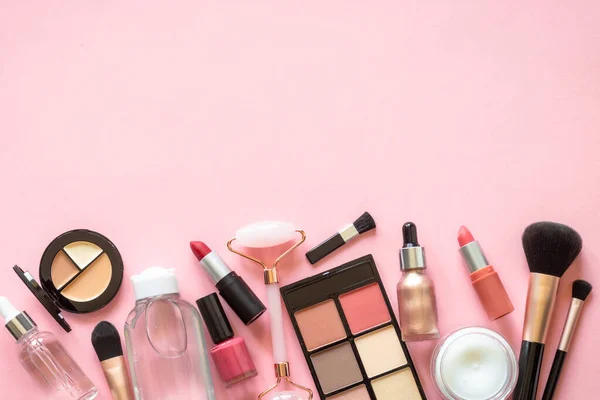 Makeup Professional Cosmetics Pink Background Cream Lipstick Shadow Brushes Flat — Stockfoto