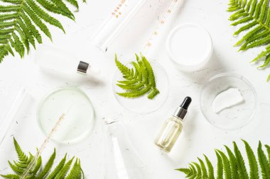 Kozmetik laboratuarı konsepti. Kozmetik ürünler üretmek için laboratuvar ekipmanlarıyla dolu cam petri kabı. Düz görünüm.