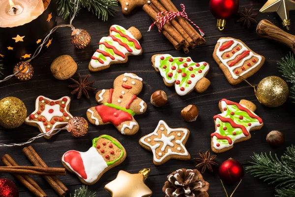 Christmas Gingerbread Cookies Spices Dark Wooden Table Homemade Christmas Food —  Fotos de Stock