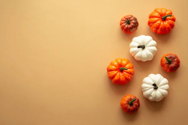 Podzimní Rovina Ležela Pozadí Bílé Oranžové Dýně Barevném Provedení Podzimní — Stock fotografie