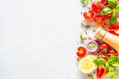 Taze sebzeler, otlar ve baharatlar beyaz arka planda. Sağlıklı yemek için gerekli malzemeler. Kopyalama alanı olan Düz.