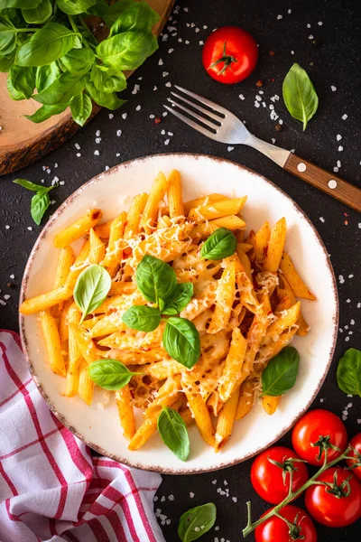 Pasta Tomato Sauce Basil Parmesan Ingredients Cooking Dark Table Flat — Stok fotoğraf