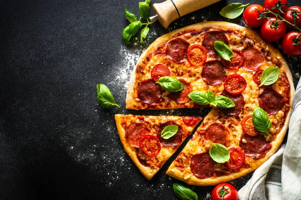 Pizza Black Background Traditional Italian Pizza Salami Cheese Tomatoes Basil — стоковое фото