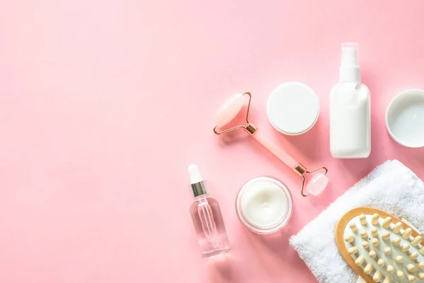 Natural Cosmetics Pink Skin Care Product Cream Soap Serum Jade —  Fotos de Stock