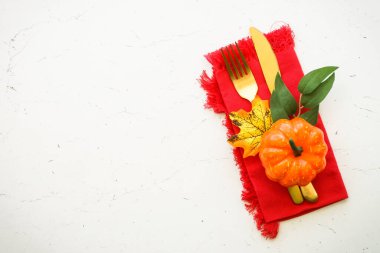 Sonbahar sofrası. Balkabağıyla bağırsak ve sonbahar süsleri. Kopyalama alanı olan düz resim.