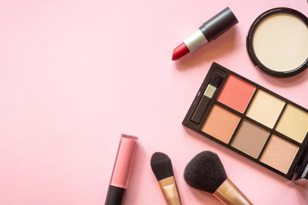 Makeup Professional Cosmetics Pink Background Flat Lay Copy Space — Zdjęcie stockowe