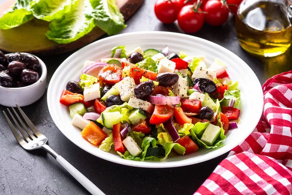 Greek Salad Fresh Salad Tomato Cucumber Feta Cheese Olives Close — Stock Fotó