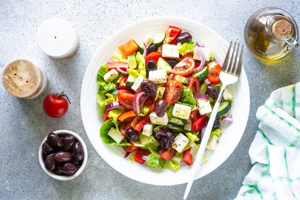 Greek Salad Olives Feta Cheese Fresh Vegetables Top View Light — Stock fotografie