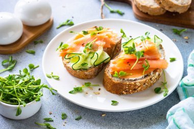 Krem peynirli, somonlu ve beyaz tabakta salatalıklı sandviç. Sağlıklı kahvaltı ya da atıştırmalık. Kapat..
