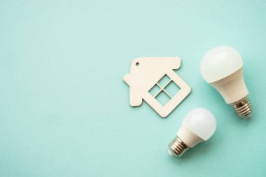 Elektrik tasarrufu. Faturaları ödüyorum. LED lamba, fişi olan kablo ve renkli arka planda ev.